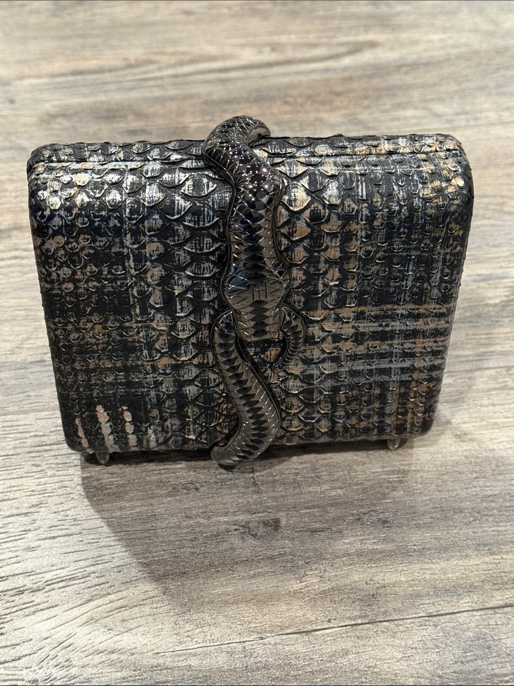 Jilly New York Black Metallic Exotic Skin Leather Clutch Bag w/ Dust Bag - Picture 3 of 9